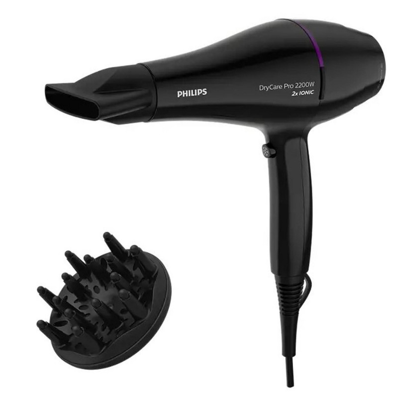 Philip Pro Hair Dryer with Fast-Protect Drying and Powerful Performance for Professional Results, 2200W, 3 Heat Settinggs, BHD274/03 - Black